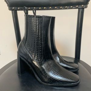 Nasty Gal Black Croc-Embossed Block Heel Ankle Boots